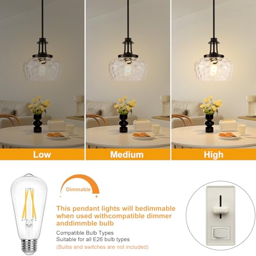 Image of Modern Pendant Lights Kitchen Island, Matte Black Pendant Light Fixtures with 10 inch Clear Hammered Glass Shade, Industrial Hanging Pendant Lights Fixture for Kitchen Island Dining Room Bedroom Entryway