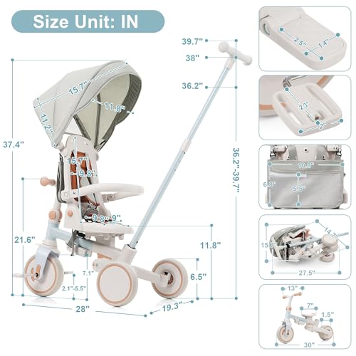 Image of 7 in 1 Baby Tricycle, Foldable Toddler Tricycle with Removable and Adjustable Parent Handle, Toddler Push Bike with Removable Pedal, Canopy, and Guardrail, Tricycle for 12-72 Months (Blue)