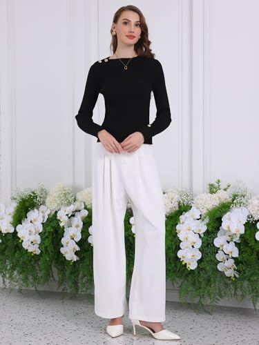 Image of Hobemty Women's Long Sleeve Pullover Sweater 2025 Spring Boat Neck Split Hem Casual Work Ribbed Knit Top