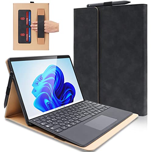 Surface Pro 8 ケース サーフェスプロ8カバー 軽量薄型保護ケース高級PUレザーカバー 多機能収納 ハンドストラップ付き とキーボードと互換性あり(ブラック)