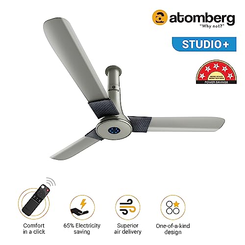 Image of atomberg Studio+ 1200Mm 32W Bldc Motor Energy Saving Ceiling Fan (Sand Grey) Efficio 250Mm (Sweep Size) Bldc Motor Energy Saving Exhaust Fan (Black), 5 Stars