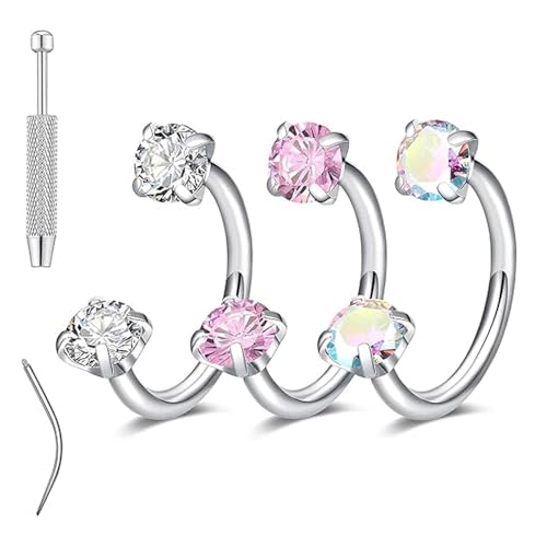 Siacoe Horseshoe Nose Ring for Women Double Gem Horse Shoe Nose Ring Hoop 18g 20g Surgical Steel Silver Cartilage Helix Tragus Earring Hoops Labret Lip Piercing Jewelry Small Septum Rings 18 Gauge 3Pcs Set with Grabber Tool (Silver 8MM/18G)