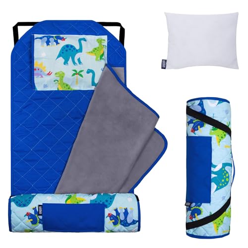 Image of Wildkin Modern Kids Nap Mat with Pillow for Boys - Soft & Cozy Cotton Blend, Elastic Straps, Toddler Sleep Mat for Daycare, Preschool, Kindergarten & Travel, Ages 3-7, Machine Washable - Dinosaur Land