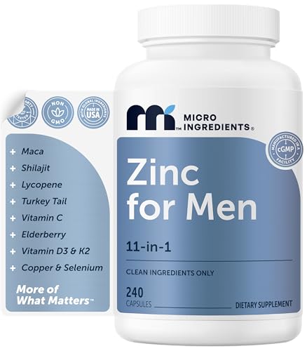 Micro Ingredients Zinc for Men 50 mg Per Serving 240 Capsules | 11-in-1 Chelated Zinc Picolinate with Shilajit Maca Lycopene Vitamin C D3K2 Selenium & Copper | Filler Free & Gluten Free Non-GMO