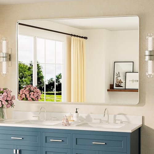 Image of TETOTE 55 x 36 Inch Brushed Nickel Mirror Metal Framed Bathroom Mirror, Tempered Glass, Modern Farmhouse Wall Mounted Mirror for Decorative(Horizontal /Vertical)