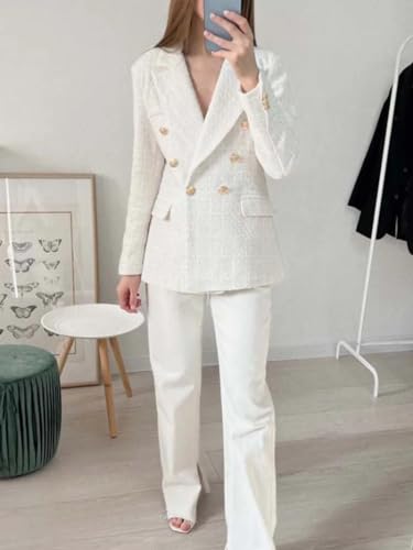 Women Double Breasted Tweed Blazer Coat Vintage Solid Work Office Long Sleeve Jacket with Pocket3