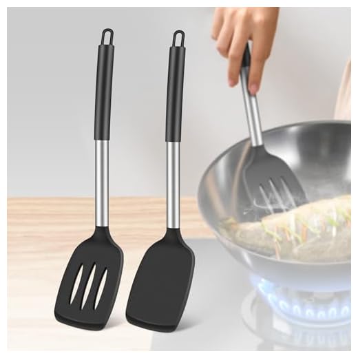 2 Pack Silicone Spatula Set – Solid Turner and Slotted Turner with Heat-Resistant Silicone Heads and Stainless Steel Core, Non-Scratch Kitchen Utensils for Cooking, Baking, Flipping, and Frying, Black