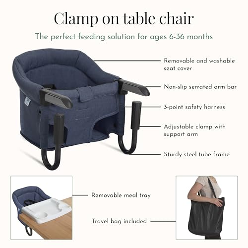 Image of Evolur Hook-On Baby High Chair, Portable Clamp-On Dining Seat with Dishwasher Safe Food Grade Tray, Clip-On Table Chair, Carry Bag, Back Pocket, ASTM Certified, 6-36 Months
