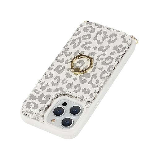 Image of for iPhone 13 Pro Case with Card Holder and Strap for Women,Crossbody Lanyard,RFID Blocking,Kickstand Ring Stand,Snap Clasp,Cute Phone Wallet Cases 6.1 inch(White Leopard)