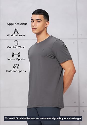 Image of TECHNOSPORT Men's Slim Fit Solid Crew Neck T-Shirt, Cotflex Quick Dry Wrinkle Resistant Polyester Sports Tee for Gym, Running, Training, Sports