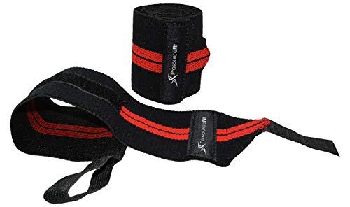 ProsourceFit Pair of Barbell Weight Lifting Wrist Wraps Support with Thumb Loop, Red, One Size