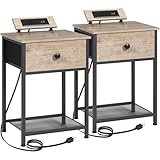 AMHANCIBLE Night Stand, End Tables Living Room Set of 2, Small Nightstand with Charging Station, Slim Bed Side Table with Fabric Storage Drawer for Bedroom, Small Space, Greige, HET03SDPGY