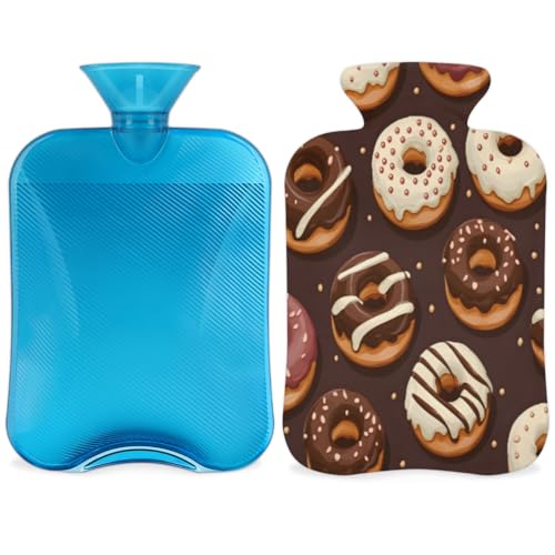 Hot Water Bottle with Soft Cover,2L Chocolate Donut Hot Water Bag for Hot and Cold Compress, Hand Feet Warmer, Abstract Donut Rubber Hot or Cold Water Bottle Halloween Christmas Decorations