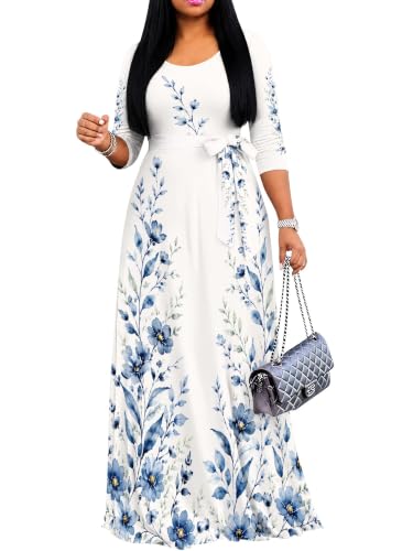 Image of Maxi Dress for Women with Sleeves, Empire Waist Dress | A-line shape, self-tie belt, side pockets and pull-on design; stretch fabric for church, work and casual wear