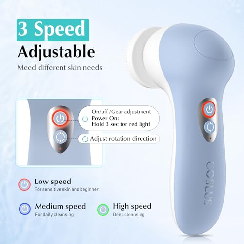 COSLUS Facial Cleansing Brush Face Scrubber: Rechargeable Electric Spin IPX7 Waterproof Cleanser Brush - 2 Rotational Directions 3 Speeds Adjustable for Men Women - Image 3