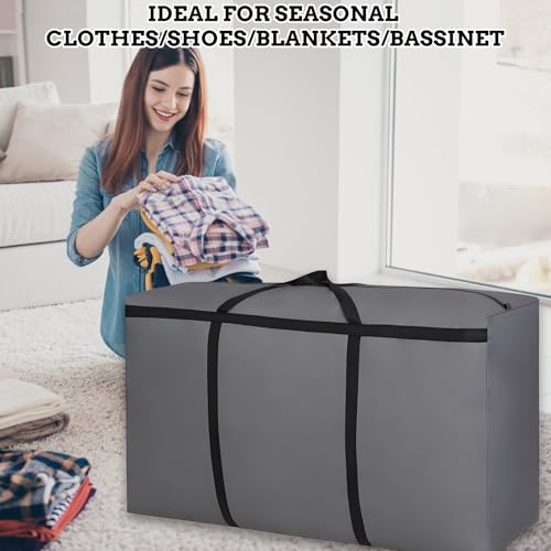 2 Stück 180L Extra Große Aufbewahrungstasche, 600D Oxford Heavy-Duty Umzugstaschen mit Reißverschlüssen Handgriff Reisetasche Faltbar Klamotten Aufbewahrung für Bettdecken, Kleidung, Bettwäsche - Grau