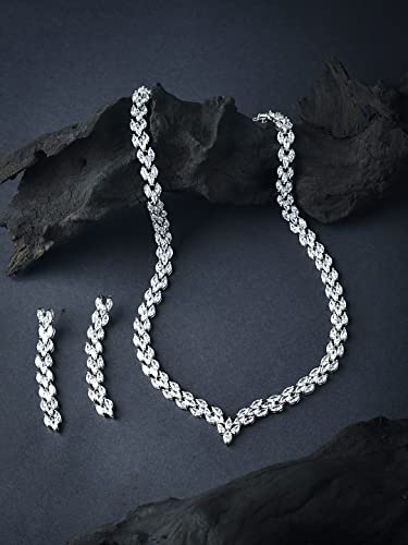 Image of Yellow Chimes Jewellery Set for Women Rhodium Plated Cubic Zircon Silver Necklace with Earring Set Floral Design Classic CZ Stoned Jewellery Set for Women and Girls