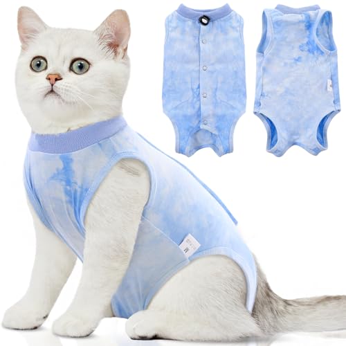 Image of SAWMONG Cat Surgery Recovery Suit,Breathable Cat Onesie After Surgery Spay Surgical,E-Collar Alternative Non-Lick Pet Body Suit Blue S