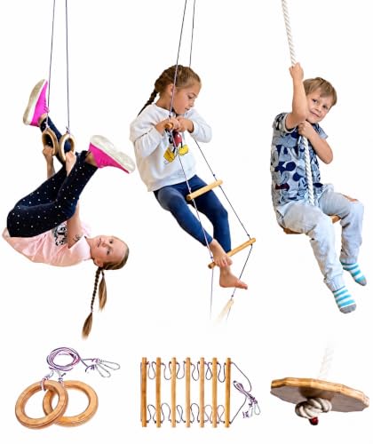 Image of Playing Equipment for Kids 3 in 1, Disc Swing Set with Ninja Rope Ladder & Trapeze Bar with Rings for Kids Climbing Swing, Indoor & Outdoor Play Structure