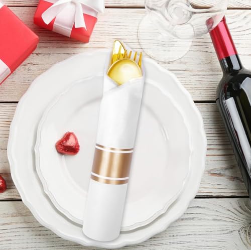 Plastic Silverware Sets with Napkins, Pre-Rolled Gold Cutlery, 25 Pack, Disposable Utensils for Parties