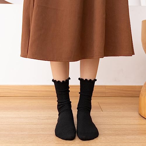 MarJunSep Women's Cute Ruffle Frilly Socks Neutral Thin Cotton Knit Crew Socks Ribbed Slouch Lettuce loafer Socks Teen Girls4