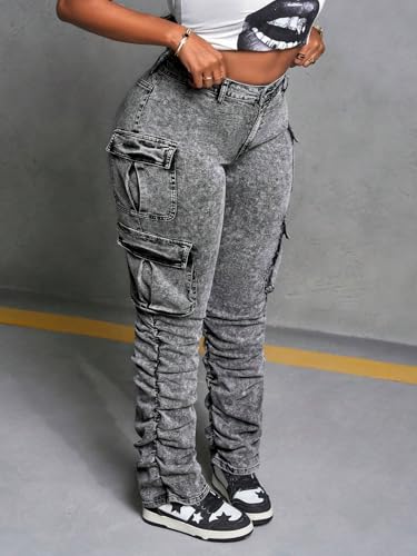 Women's High Waist Cargo Jeans, Acid Wash Ruched Stacked Design, Multi-Pocket2