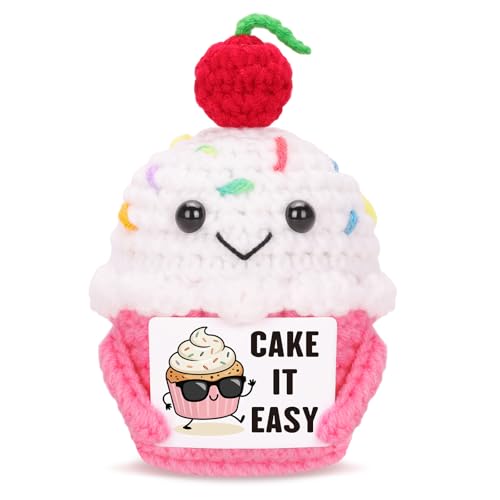 FunisFun Friendship Gift for Women Men - Cupcake Positive Crochet Doll with Uplifting Charm, Birthday Gifts for Best Friends Teacher Graduation