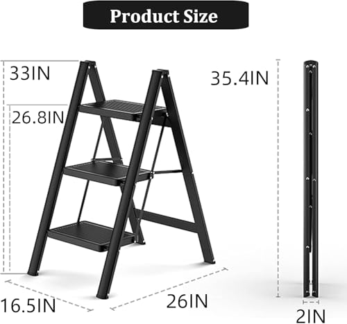 Image of Folding Step Stool with Wide Anti-Slip Pedal[150 kg] Capacity Heavy Duty Lightweight Portable Black Ladder Household Kitchen Office Space Saving Multifunctional Indoor Car Wash Outdoor (3 Step Ladder)