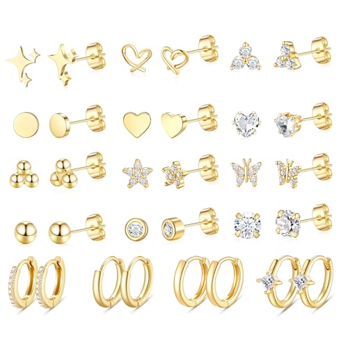 Image of KesaPlan Stud Earrings for Women 14K Gold Plated Hypoallergenic Hoop Earrings Set Small Studs Hoop Huggie Earring Multiple Piercing Star Heart Ball Cubic Zirconia Studs Stacks Trendy for Women Men