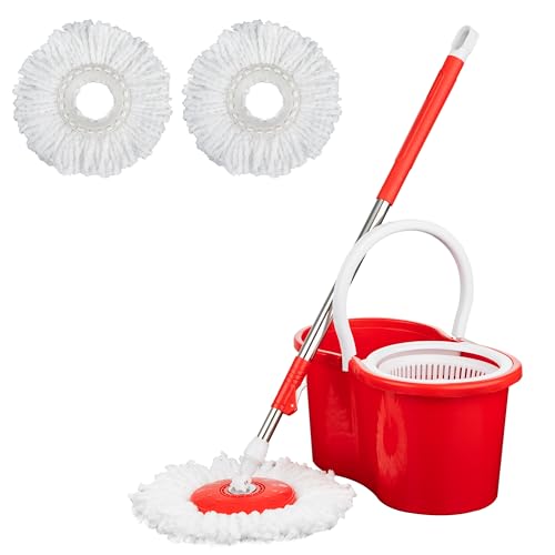Crystals Microfiber Mop and Bucket Set, Spin Mop for Cleaning Floors with 2 Mop Heads, 1 x Mop Handle, 1 x Spin Bucket (Red)