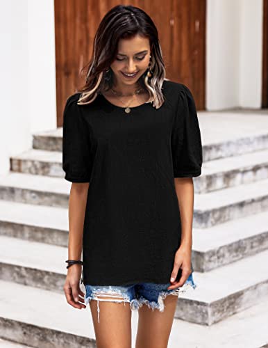 Hotouch Womens Cotton Puff Short Sleeve Summer Tops Linen Crewneck Casual Blouses For Women Loose Fit Shirt Black #TOP26