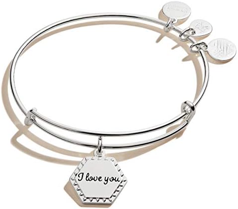 Alex and Ani Because I Love You Expandable Wire Bangle Bracelet for Women, I Love You Charm, Shiny Antique Silver Finish, 2 to 3.5 in