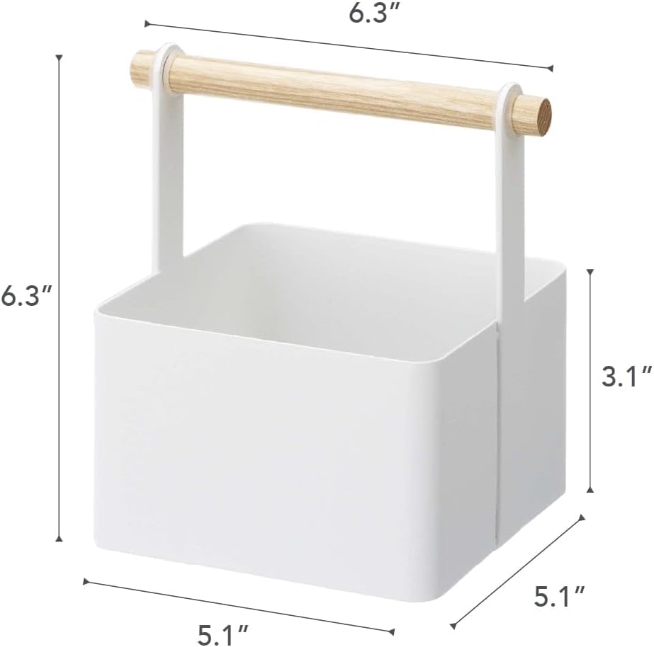 YAMAZAKI Home Tosca Storage Basket - Wood Handle Organizer - Small - Steel + Wood