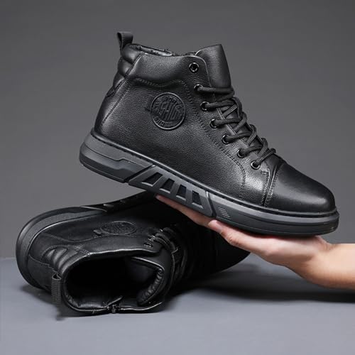 Image of Keilinia Men's Black High-top Leather Boots,2023 Fall /Winter New Round Toe Non-slip Side Zip Casual Business Dress Ankle Booties