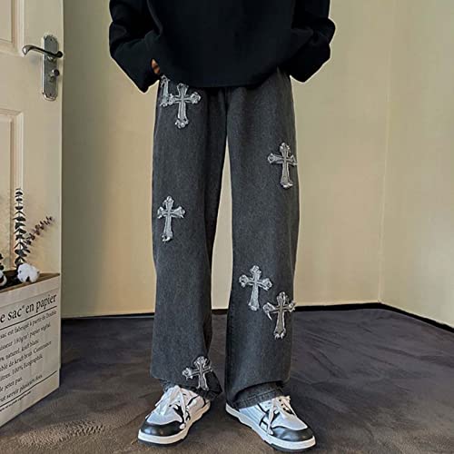 Harajuku Men's Distressed Gothic Jeans with Cross-Stitch Patches - Loose Straight Fit2