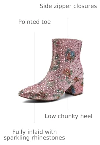 Image of YAYONE Rhinestone Zipper Sparkly Ankle Boots - Glitter Pointed Toe Fashion Comfortable Shoes, Pull on Chunky Heel Western Boots