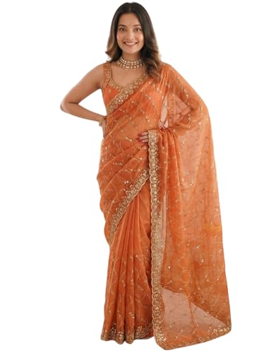 Image of ORHANS Women's Chiffon Saree with Unstitched Blouse Piece Heavy Embroidery Work | Beautiful Saree for Women | Traditional Indian Sari Stylish | Fashionable Saree Modern Design