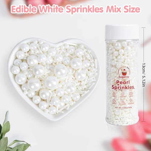 Image of Edible White Sprinkles for Cake Decorating,Edible Pearl Jimmies Sugar Mix Size 130g /4.58oz,Baking Candy Decorations,Cupcake Toppers,Cookie Donuts Ice Cream Dessert Decorating,Wedding Birthday Party Supplies
