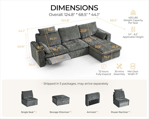Image of 124.8'' Oversized Power Recliner Sofa with Headrest, Extra Wide Modular Cloud Sectional Reclining Couch, Convertible 4-Seater with Storage Ottoman for Home Theater Living Room, Chenille, Grey