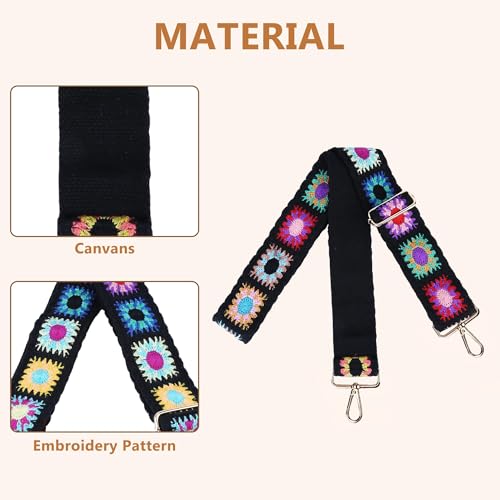 Image of Purse Strap, Adjustable Embroidery Flower 2 Inch Wide Purse Straps Replacement Crossbody for Women