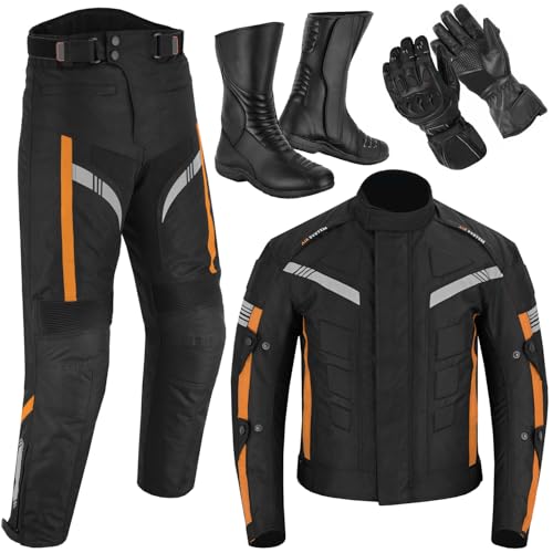 Vaster Moto 4-teiliges Motorrad-Kombi-Set für Herren Jacke Hose CE-Protektoren Touren-Rennschuhe und Handschuhe – Biker-Schutzausrüstung (DE/NL/SE/PL, Alphanumerisch, XL, Regular, Regular, Orange)