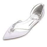 Creativesugar Lady Elegant Pointed Toe Satin Dress Flats Shoes with Pearl and Crystals (9.5, White)