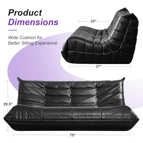 Image of Hobestluk Bean Bag Chair Giant Bean Bag Sofa 3 Seater Bean Bag Chairs for Adults, Loveseat Floor Chair, Leather Bean Bag Chairs for Living Room Bedroom Office (Black, 3-Seater)
