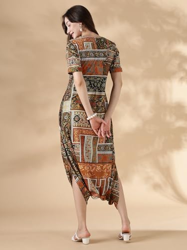 Image of HELLCAT Womens Floral Printed Olive Shoulder Straps Dress | Western A-Line V Neck Midi Dress for Womens