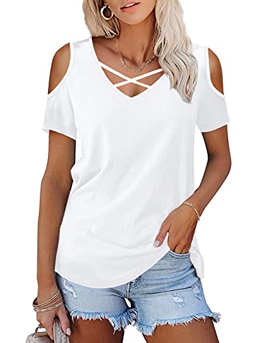 Image of Amoretu Womens Summer Shirts V Neck Criss Cross Cold Shoulder Tops Blouse