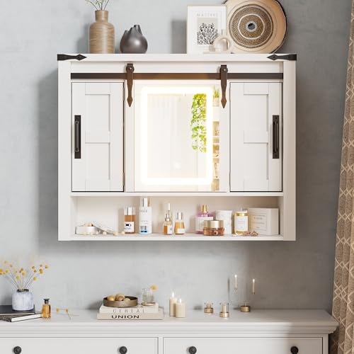 MSFE Armario Espejo Baño con LED, Armario Espejo Baño con Luz, Mueble Colgar con y Espejo HD, Almacenamiento y Estantes Ajustables, Interruptor táctil, 20 x 80 x 62 cm, Blanco