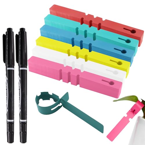 alwaiiz 600 Pièces Etiquettes en Plastique pour Plantes avec 2 Pièces Stylos à Base D'eau Noir, 2 x 21cm Suspendus Étiquettes de Plantes, Etiquette Jardin(6 Couleurs)