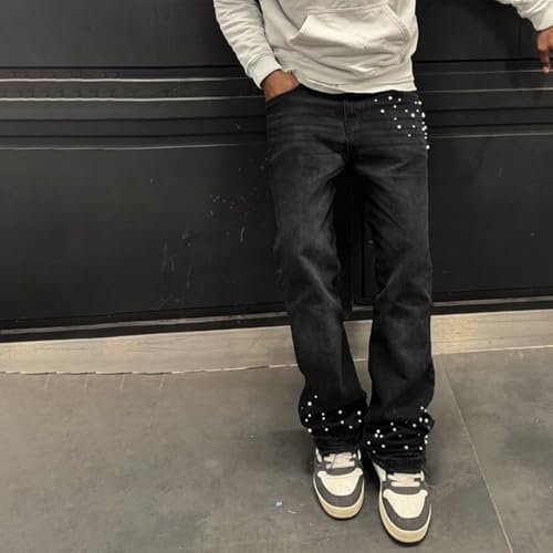 Hulpvktsgiq Men Pearl Jeans Casual High Waist Baggy Straight Leg Denim Pants with Pockets2