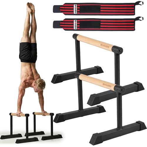 PRO Parallettes Bars for Calisthenics with Wooden Beech Handles | Wrist Support Wrap Included | Heavy-Duty Steel Base | Push-Up L-Sit Planche & Handstand Training Bars for Home Outdoor & Gym Use