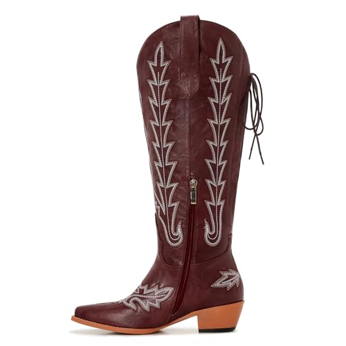 Image of Uillnoodu Wide Calf Cowboy Boots Women Knee High Tall Western Cowgirl Boots Adjustable Lace Up Plus Size Comfortable 2-Inch Heel